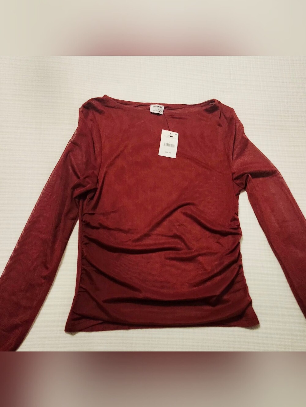 Cotton On Long Sleeve Sheer Ruched Top - Burgundy Red